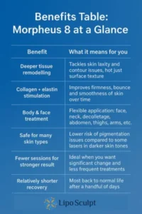 How Often Can I have Morpheus 8? 3 Table showing the benefits of Morpheus 8 treatment from Lipo Sculpt Bradford on Avon