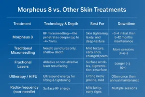 How Often Can I have Morpheus 8? 2 Table to show benefits of Morpheus 8 Bradford on Avon compared to other skin treatments